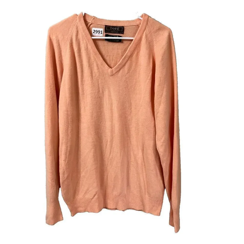 Vtg 80s Thane John Norman Mens Orange Pullover Sweater Large Classic Knit V Neck